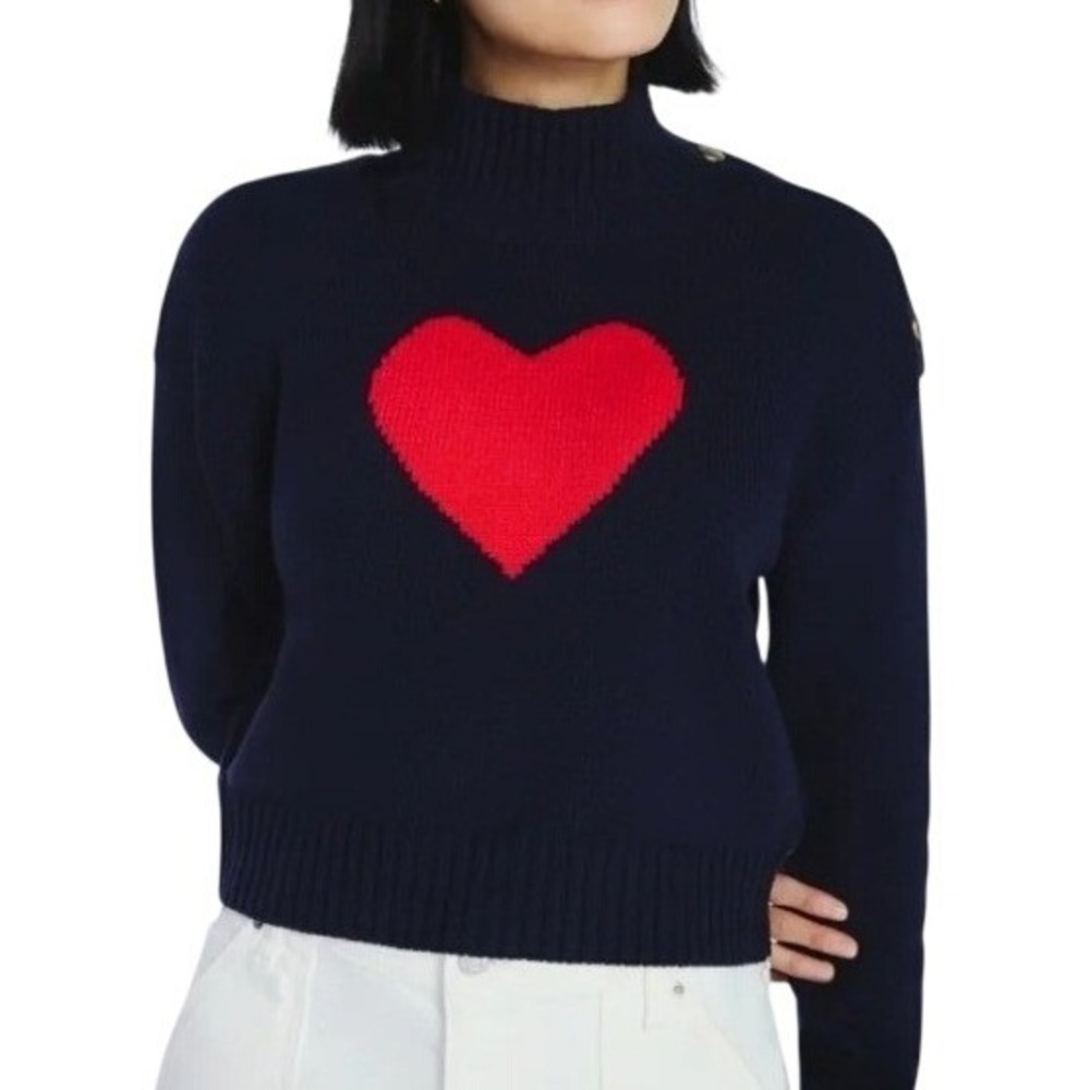 Free Assembly Navy Blue Mock Neck Heart Knit Sweater Gold Button Sz XL